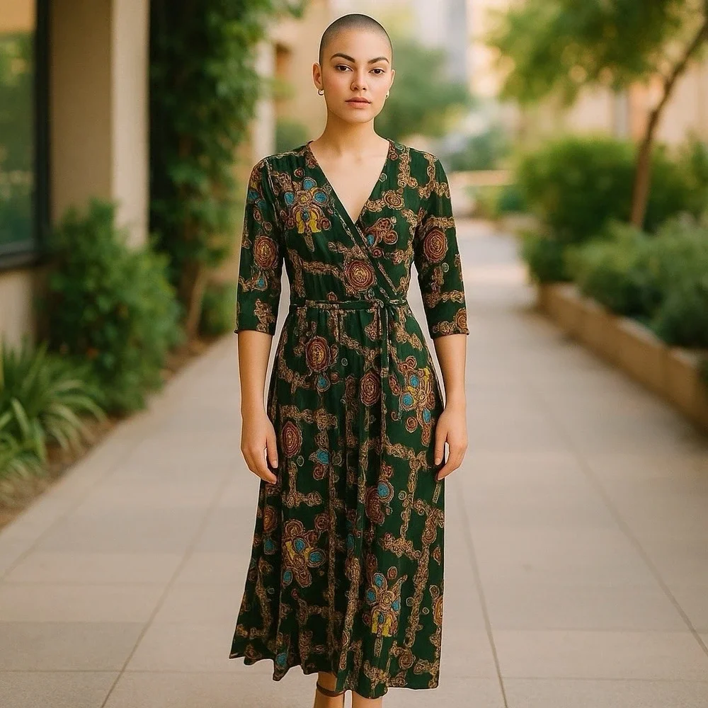 Janette John 3:16 Dress Women L Maxi 3/4 sleeve Floral Paisley‎ long stretch
